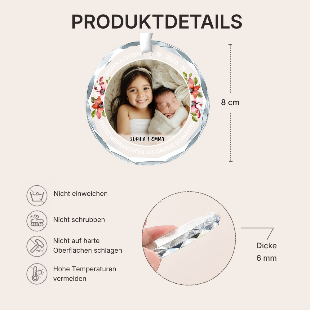 Personalisierter Glas-Weihnachtsanhänger mit Foto – für große Schwester & großen Bruder
