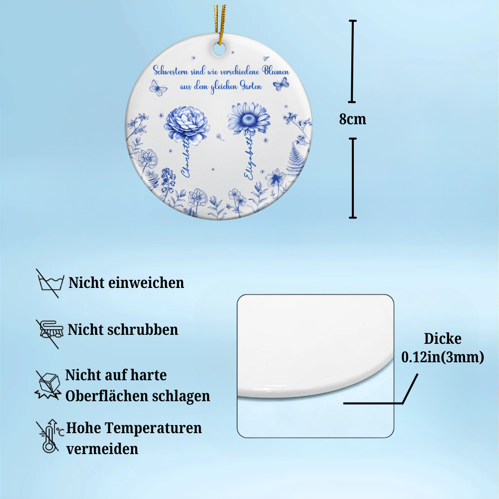 Personalisierte Keramik Ornament Christbaumschmuck mit Geburtsblumen Geschenk für Schwestern