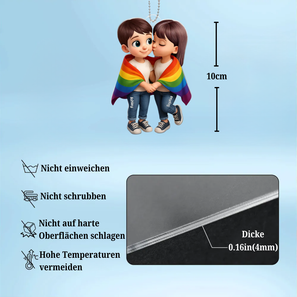 Paar mit Regenbogendecke-Personalisierter Autoanhänger aus Acryl Geschenk für LGB-Paare