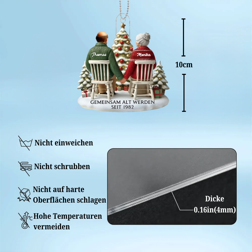 Flacher Acryl-Christbaumanhänger – „Altes Ehepaar“ mit Namen personalisiert