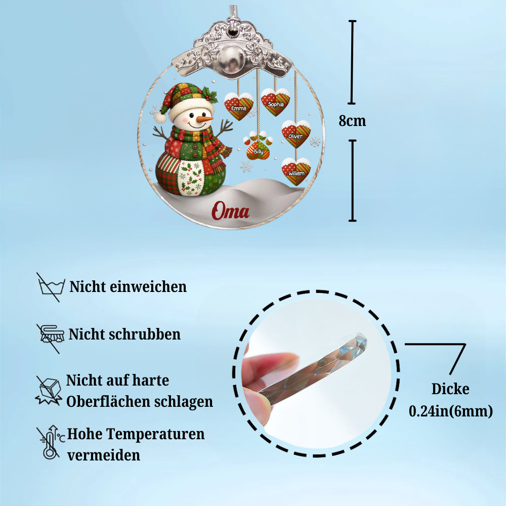 „Retro Schneemann“ Personalisierter Glasornament mit Silberkappe Christbaumschmuck für Oma