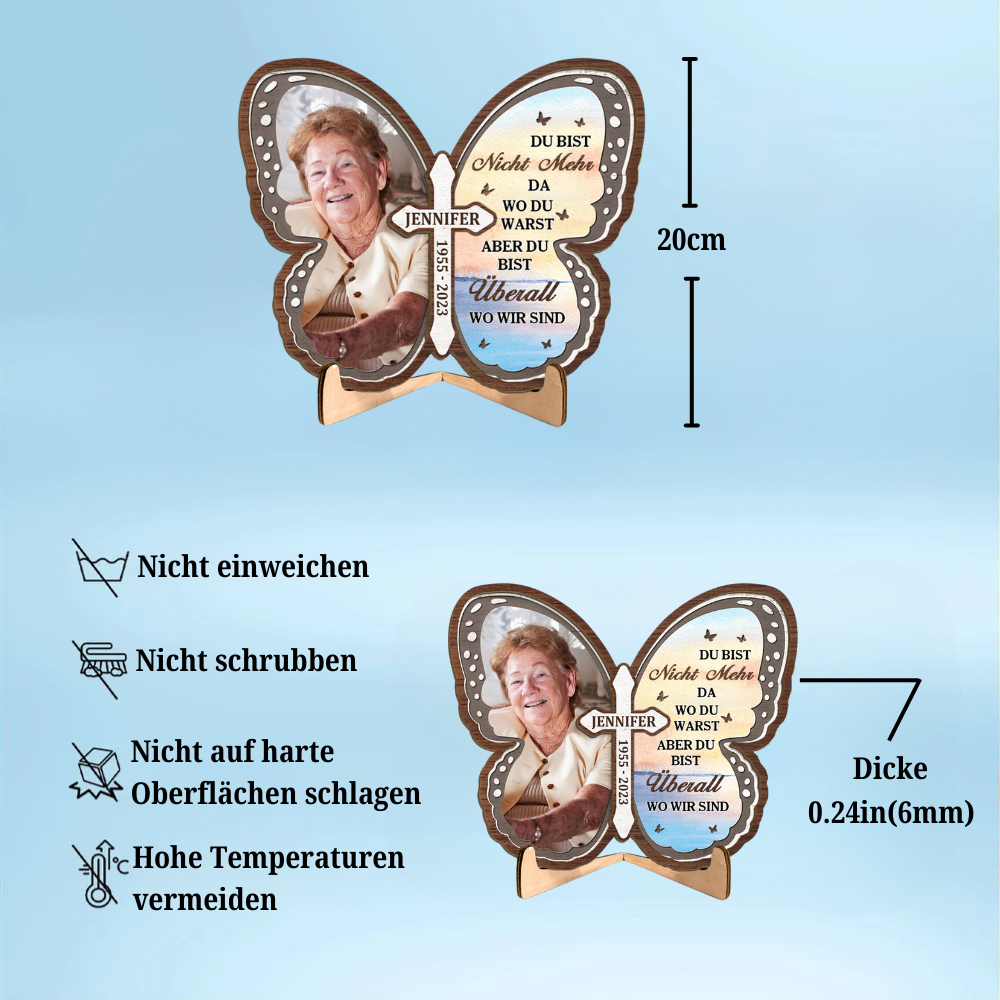 Kreuz und Schmetterling-Foto-Gedenk personalisierte 2-Schicht-Holzplakette mit Stand