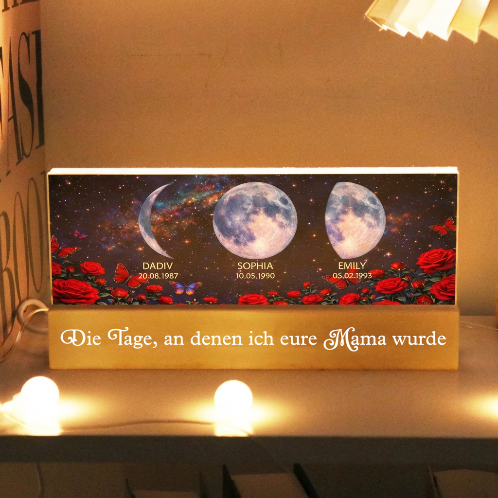 Rosen und Mondphasen- Personalisiertes LED Nachtlicht mit Text und Mondpahsen Geschenk für Mama und Oma