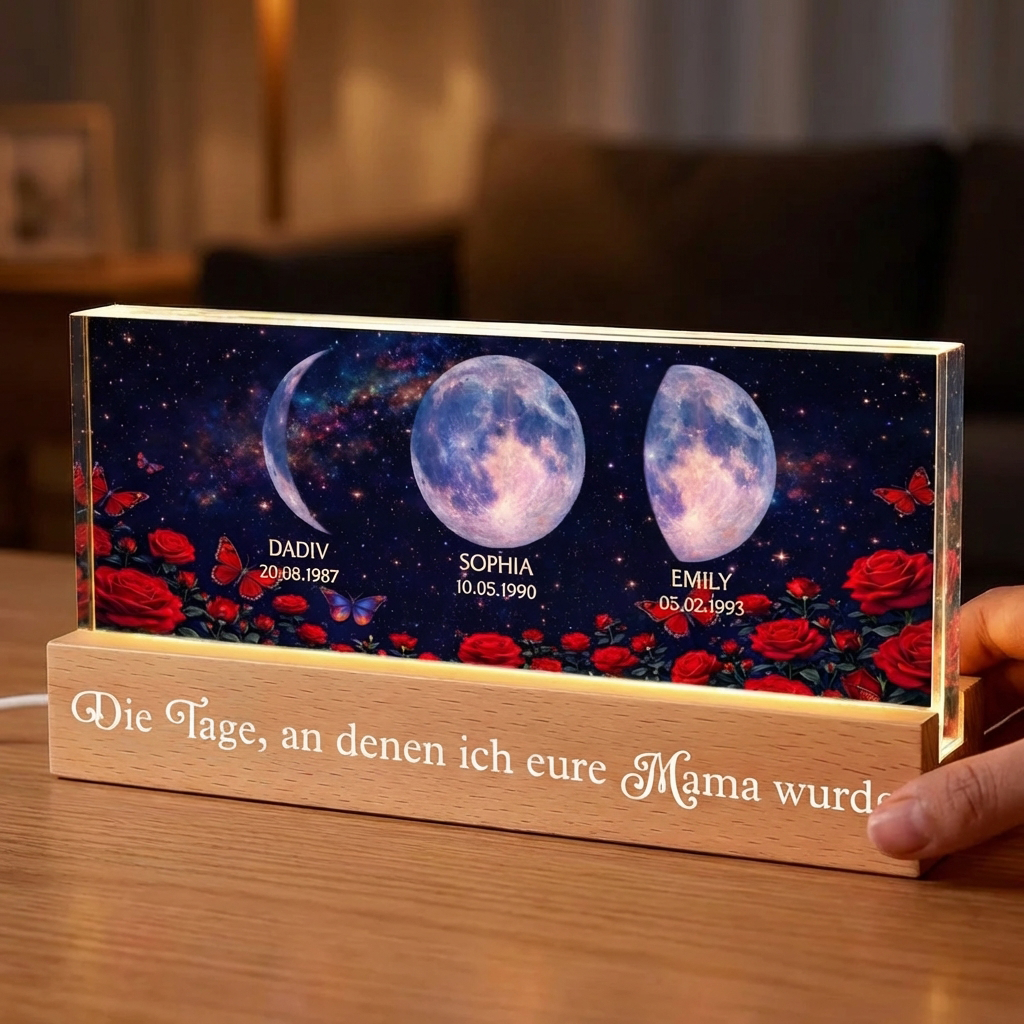 Rosen und Mondphasen- Personalisiertes LED Nachtlicht mit Text und Mondpahsen Geschenk für Mama und Oma