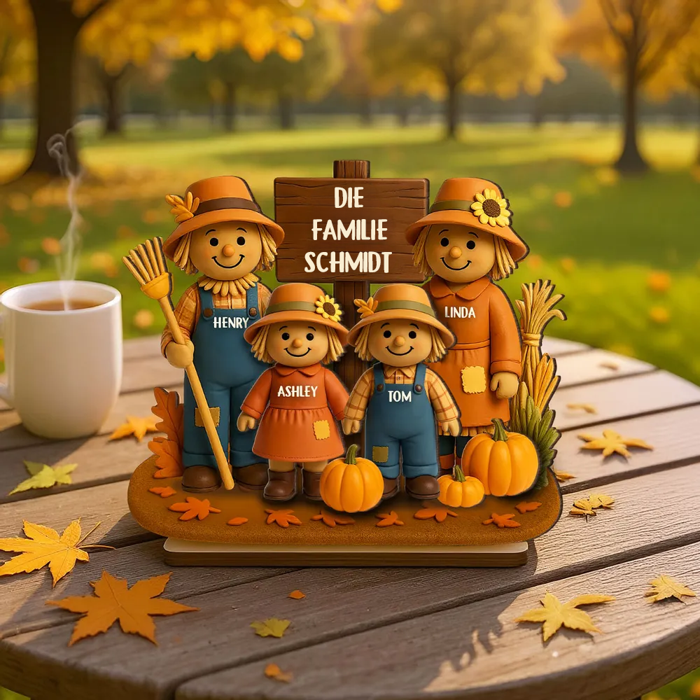 Vogelscheuchen und Kürbisse - Personalisierte Holztafel für Familie