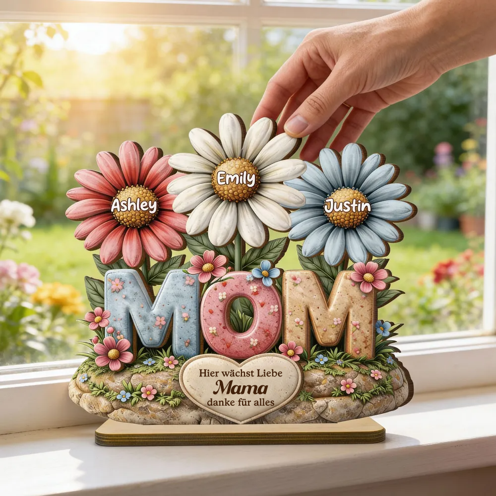 MOM-Personalisierter Holzaufsteller mit Blumen Geschenk für Mama und Oma