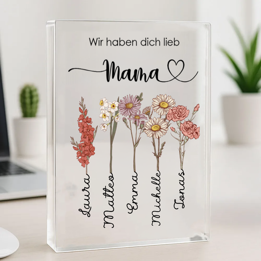Personalisierter Acrylblock mit Geburtsblumen, Namen und Text Geschenk für Oma und Mama
