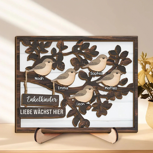 Personalisierte Holzplakette mit Baum und Vögeln Geschenk für Familie