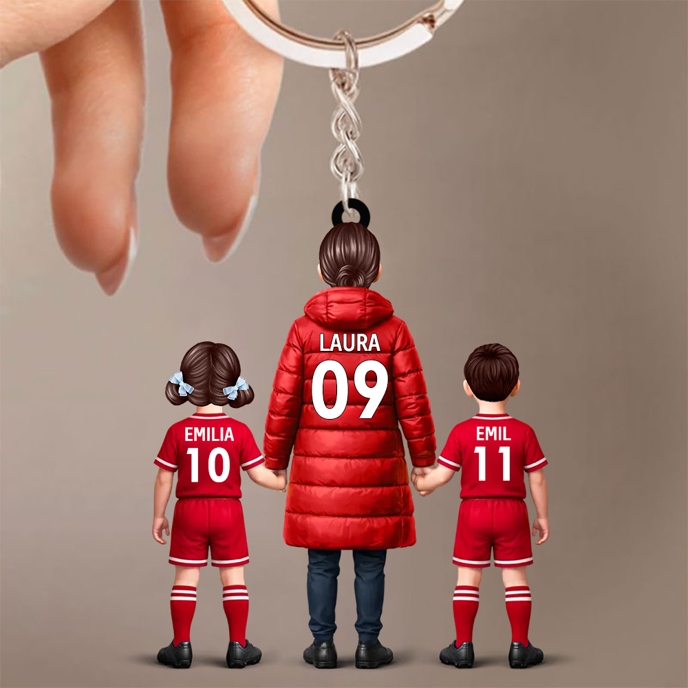 Fußballmama und Kinder- Acrylschlüsselanhänger mit Trikots und Namen