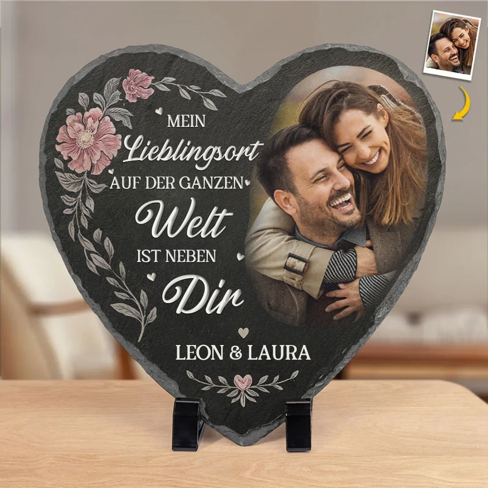 Mein Lieblingsort-Personalisierte Schieferplatte mit Foto für Paare – Herzform mit Stand