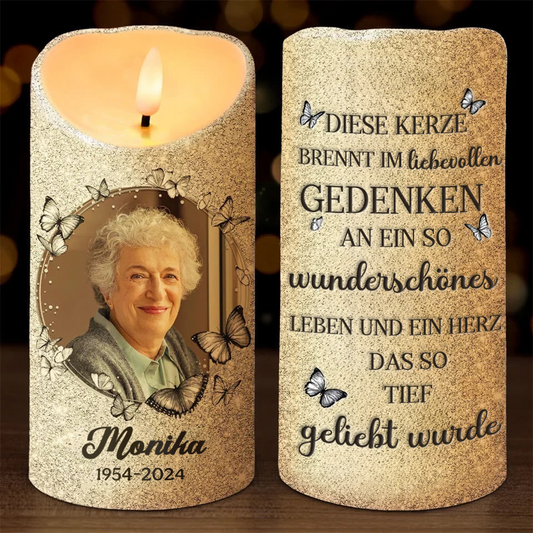 Personalisierte LED-Kerze Trauerkerze mit Schmetterlingen
