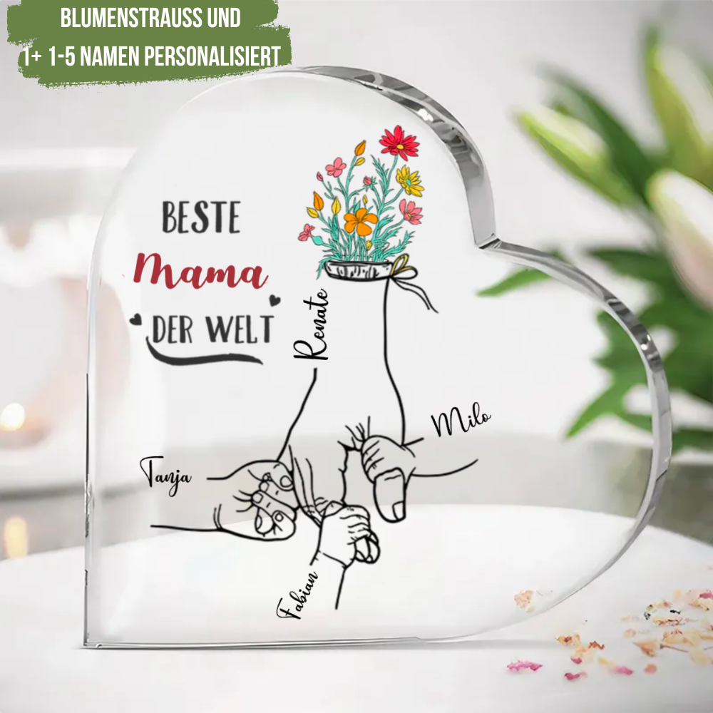 Standherz mit Blumenstrauß und Händen für Mutter und Großmutter