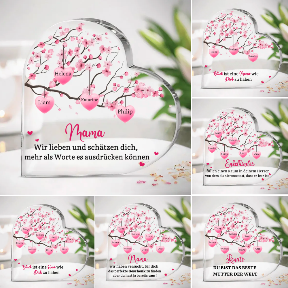 Acrylherz mit Kirschbaum und 1-8 Namen personalisiert für Mutter und Großmutter