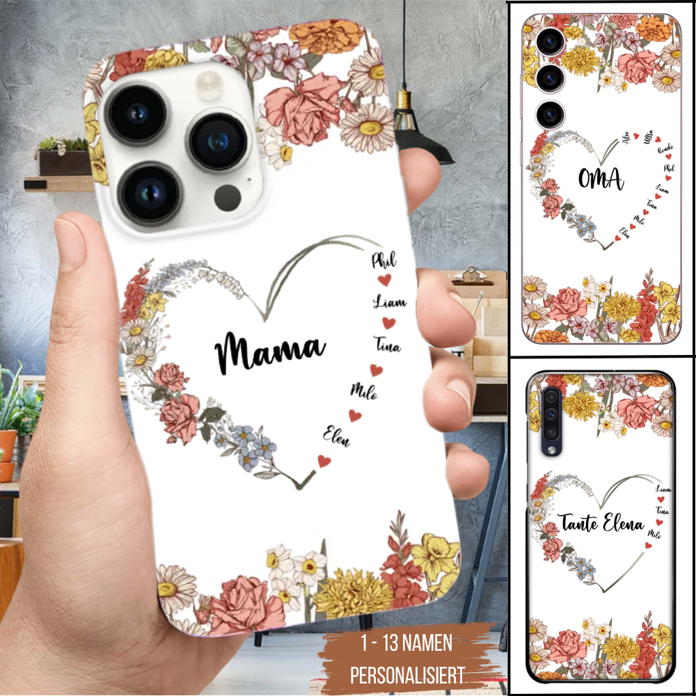 Handyhülle mit Blumen für Iphone und Samsung, 1-13 Namen personalisiert Geschenk für Mama und Oma