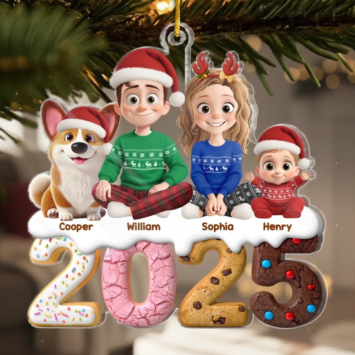 2025 Familie- Personalisierter Acrylanhänger mit Hund und Katze Christbaumschmuck mit Familie