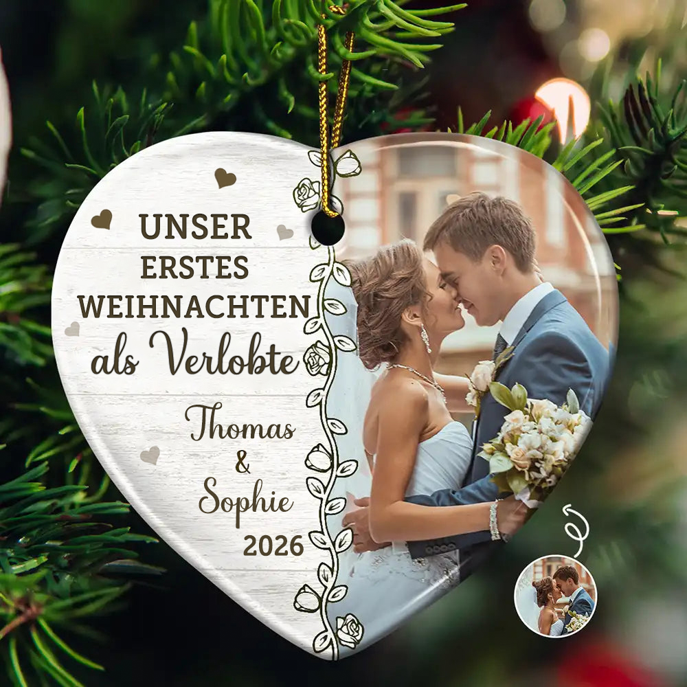 Personalisierter Keramik-Weihnachtsanhänger mit Foto - Erstes Weihnachten als Verlobte