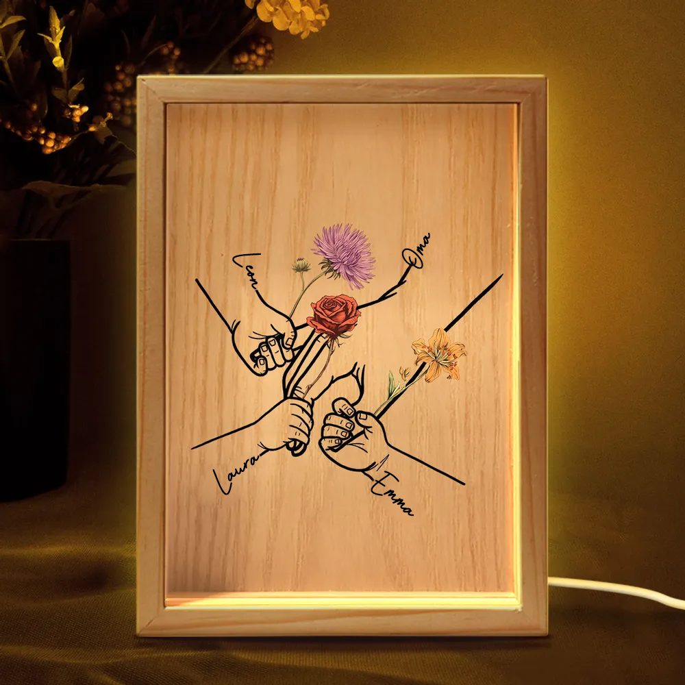 Händchen haltend – Personalisierter Leuchtrahmen mit Geburtsblumen und Namen Geschenk für Mama und Oma