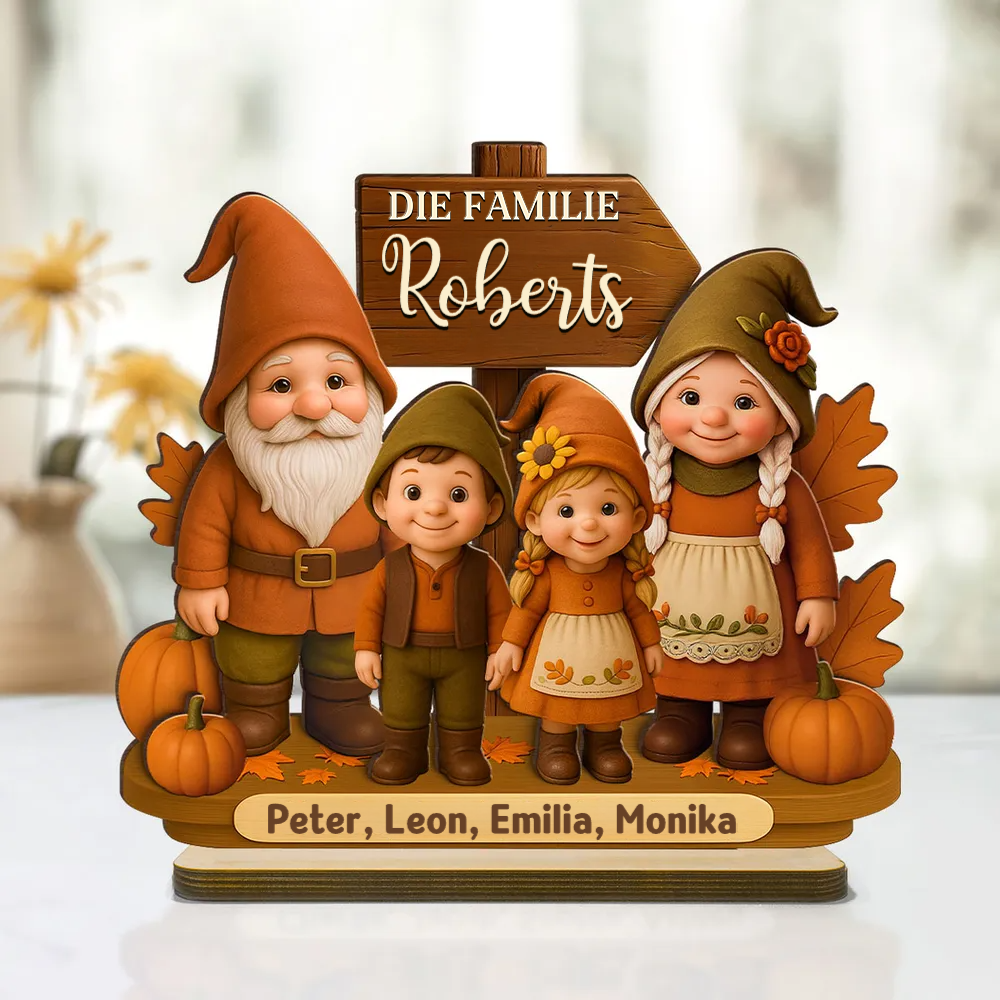 Gnomenfamilie Herbstsaison Holzplakette mit Namen