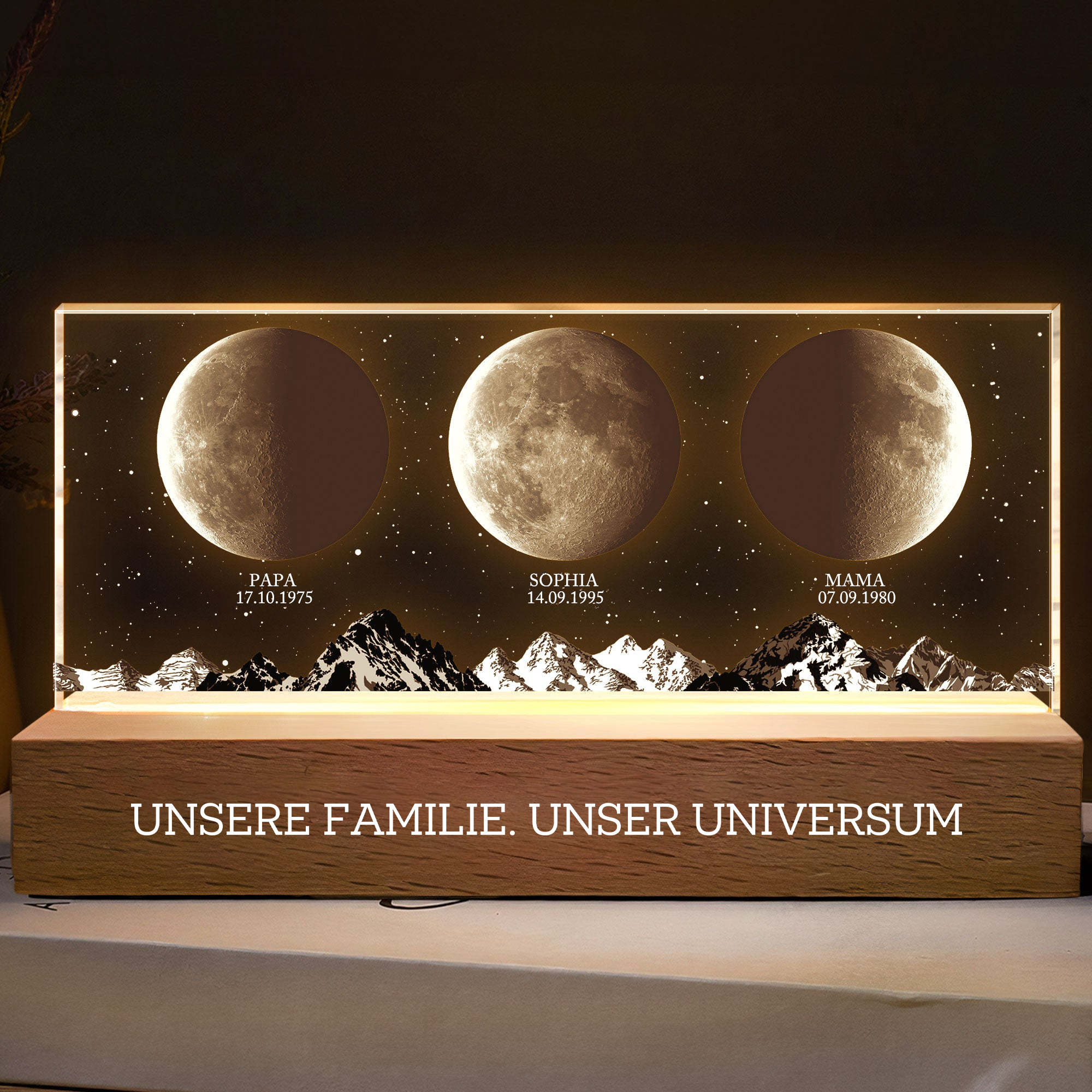 Personalisierte LED-Nachtlicht mit Mondphasen und Text Geschenk für Papa und Mama