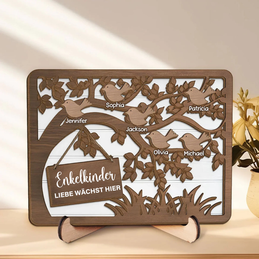 Baum und Vögel-Holzplakette mit 1-10 Namen personalisiert Geschenk für Oma