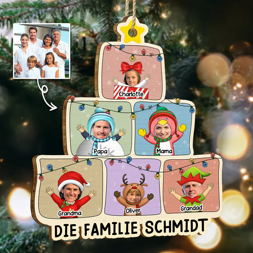 Personalisierter Holz-Weihnachtsanhänger für die Familie – Baummotiv mit Fotos & Text