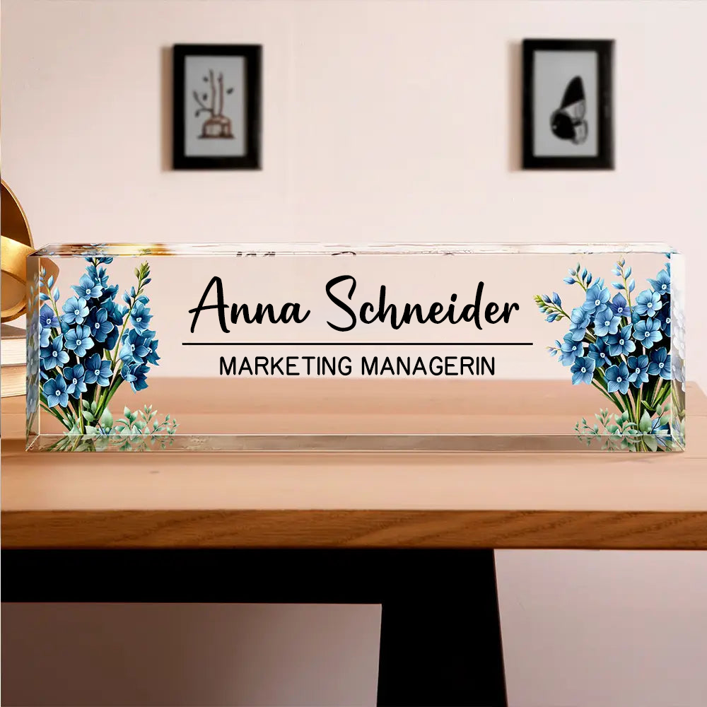 Personalisierter Acrylblock mit Geburtsblumenstrauß und Name, Büro-Geschenk für Kolleginnen & Kollegen