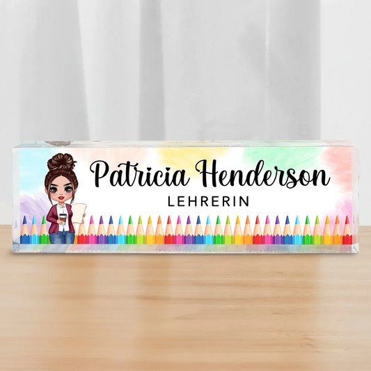 Personalisierte Acryl-Namensplatte – Für Lehrerinnen mit Farbstiftmotiven