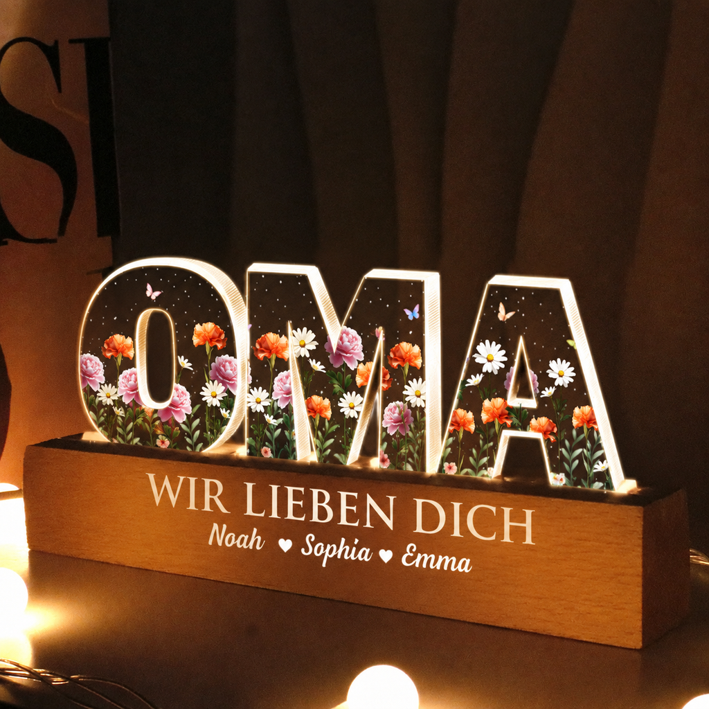 Personalisierte LED-Nachtlicht mit Geburtsblumen – für Oma und Mama