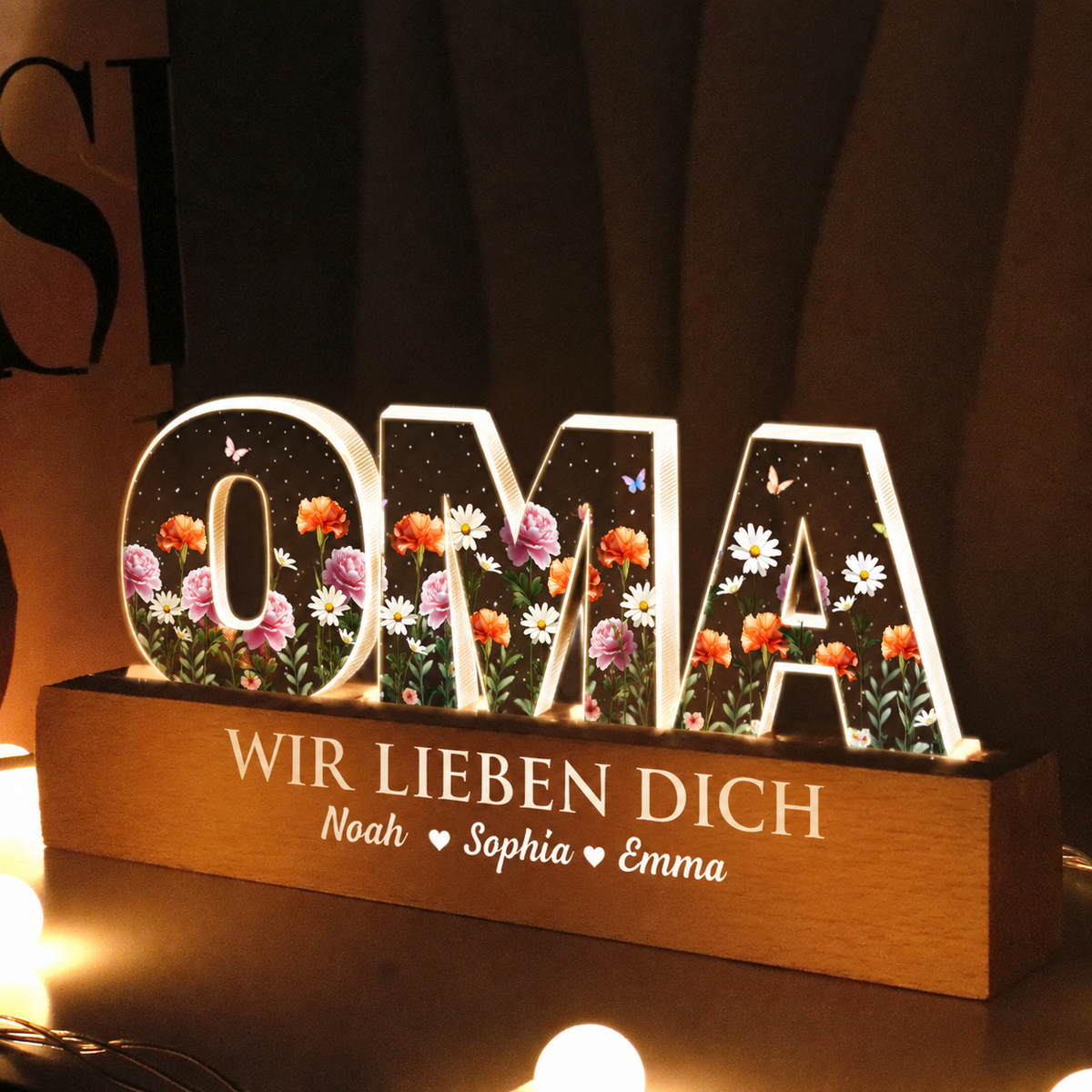 Personalisierte LED-Nachtlicht mit Geburtsblumen – für Oma und Mama