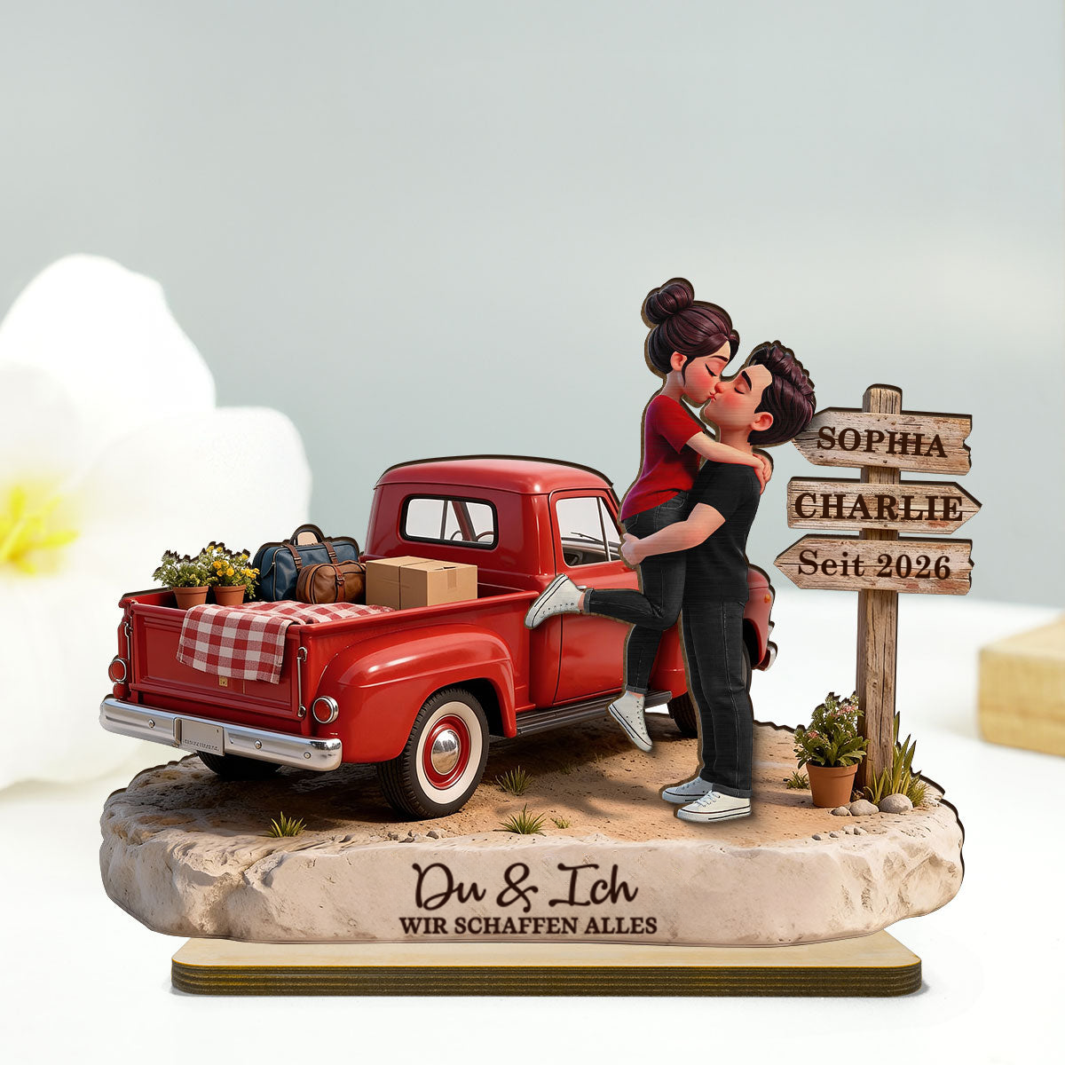 Paar und Wagen - Personalisierter Holzaufsteller mit Figuren und Text