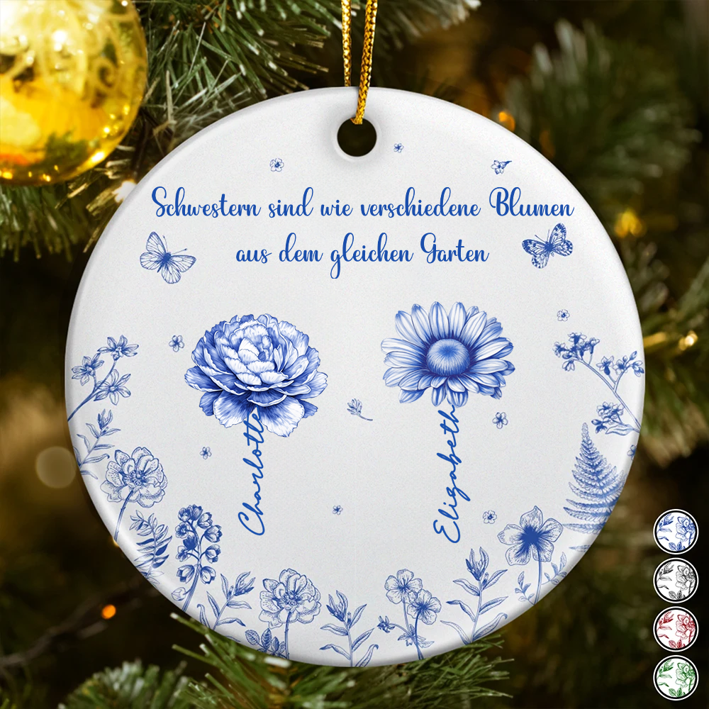 Personalisierte Keramik Ornament Christbaumschmuck mit Geburtsblumen Geschenk für Schwestern