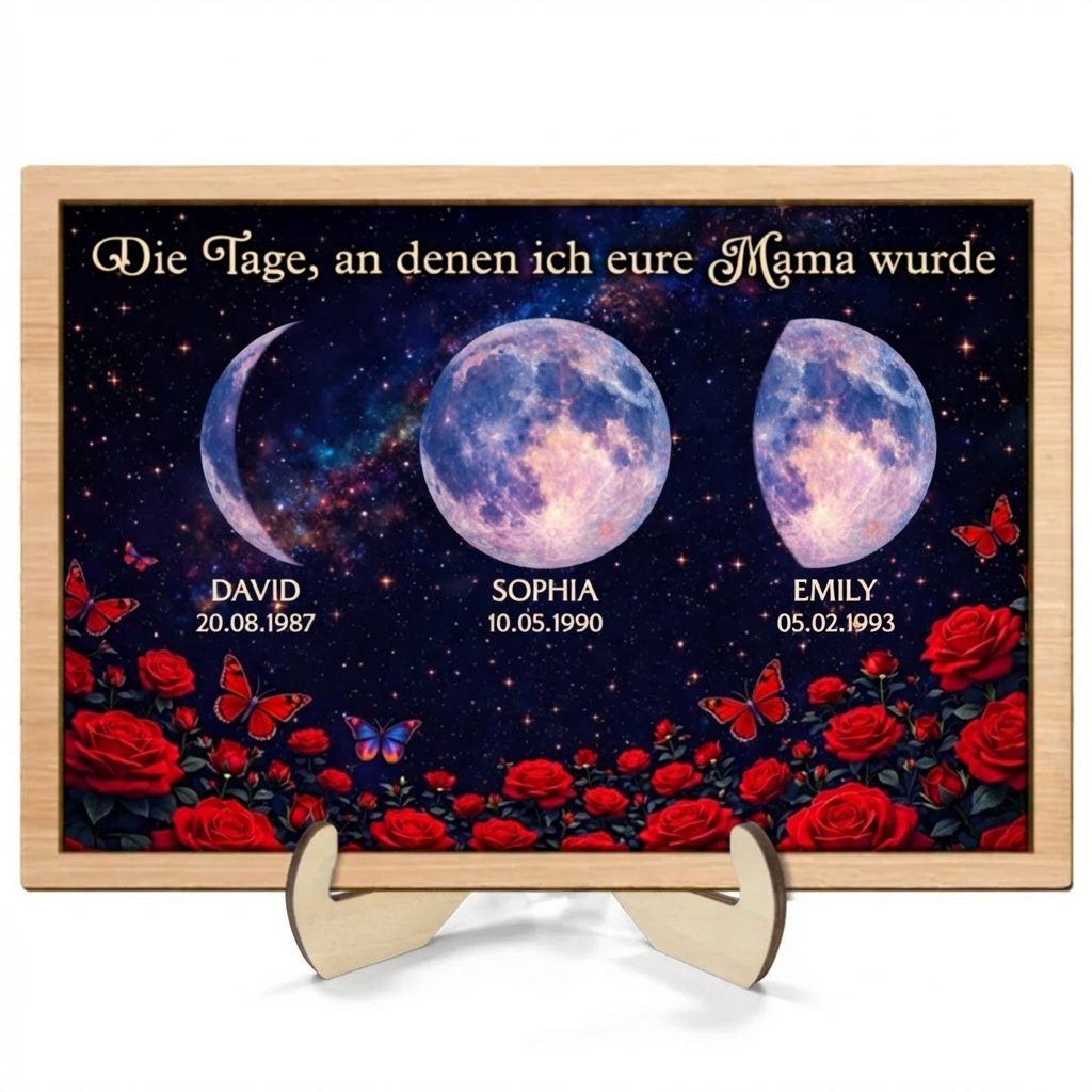 Rosen und Mondphasen - Personalisierter Holzaufsteller für Mama