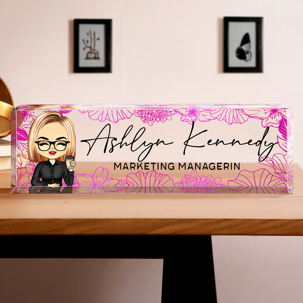 Personalisiertes Acryl-Namensschild für den Schreibtisch mit Blumenmotiv – Individuelles Geschenk für Kollegin & Freunde
