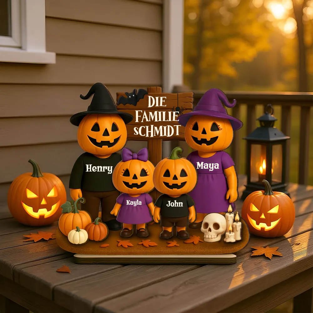 Halloween Familie mit Kürbissen - Personalisierte Holzplakette mit Namen