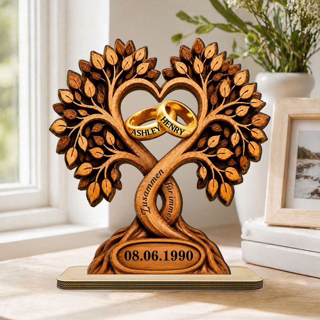 Personalisierter Holzaufsteller zum Jahrestag – Baum- & Ringmotiv mit Namen