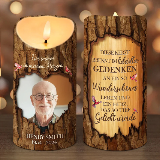 Personalisierte LED-Kerze mit Holzmaserungsmuster Trauerkerze