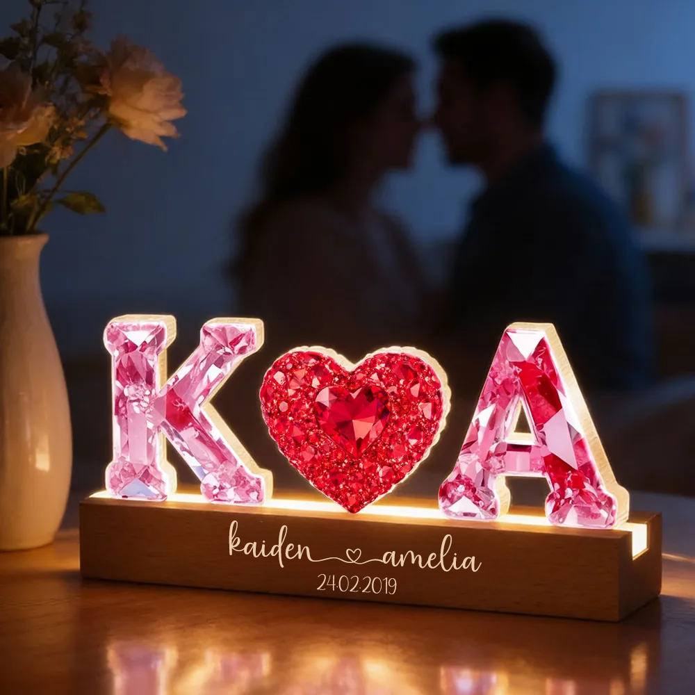 Rosa Herz - Personalisierte LED-Nachtlicht mit 2 Buchstaben für Paar