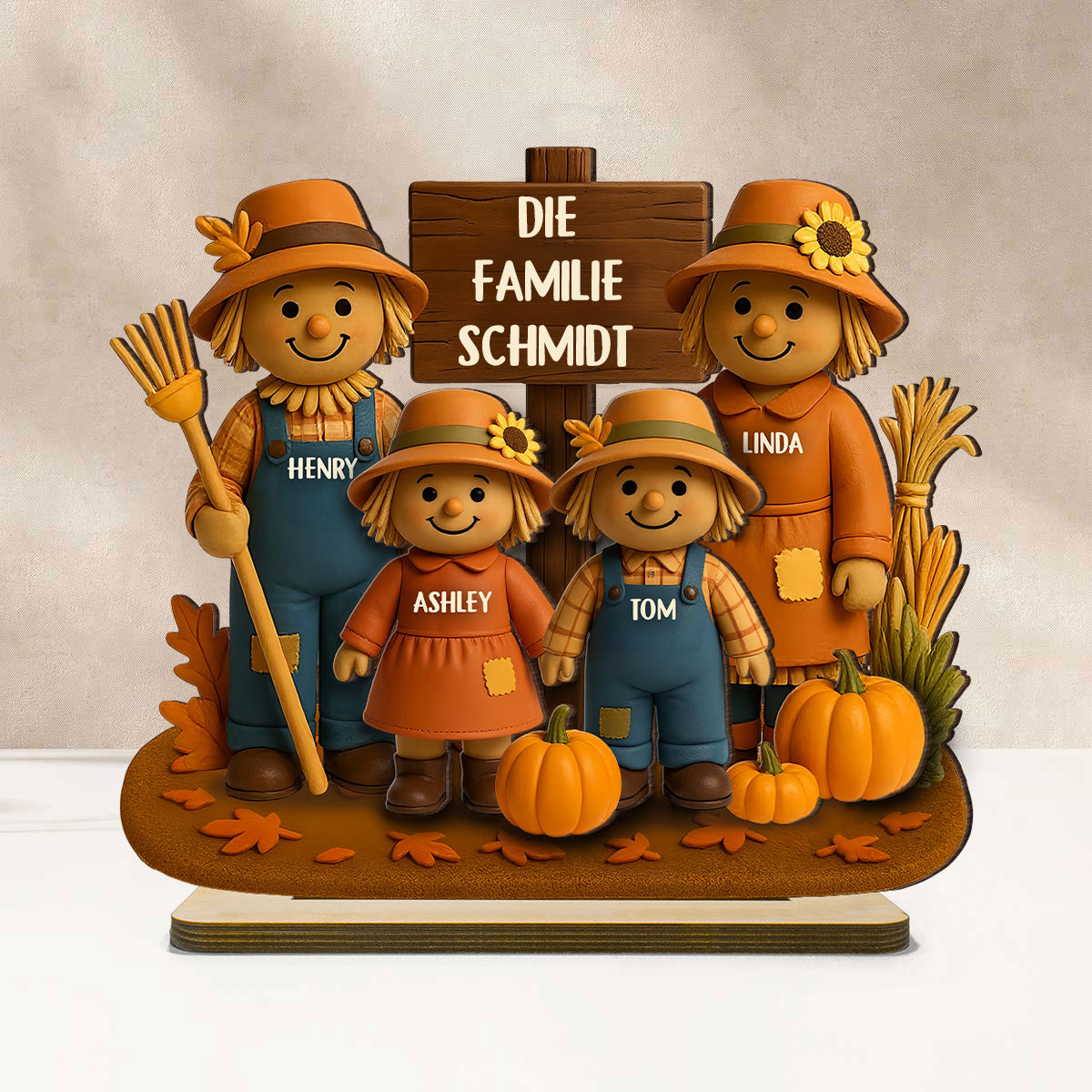 Vogelscheuchen und Kürbisse - Personalisierte Holztafel für Familie