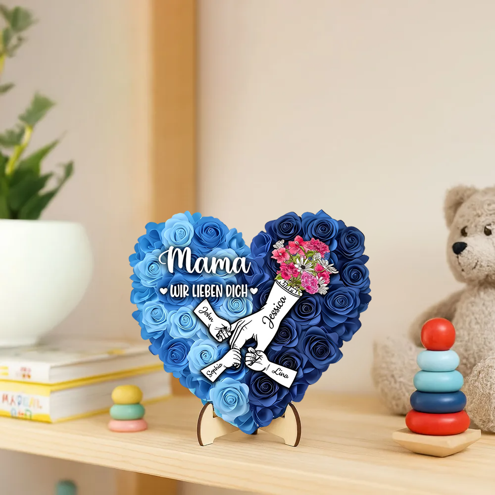 Hand-in-Hand Personalisierter Holzaufsteller mit Rosen Geschenk für Mama und Oma