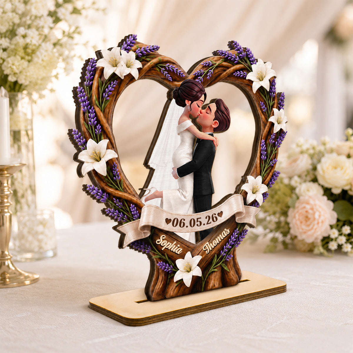 Personalisierter Herz-Holzaufsteller zur Hochzeit mit Namen und Datum