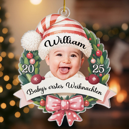 2025-Baby-Ornament mit Schleife Personalisierter Acrylanhänger mit Foto und Name Babys Erstes Weihnachten