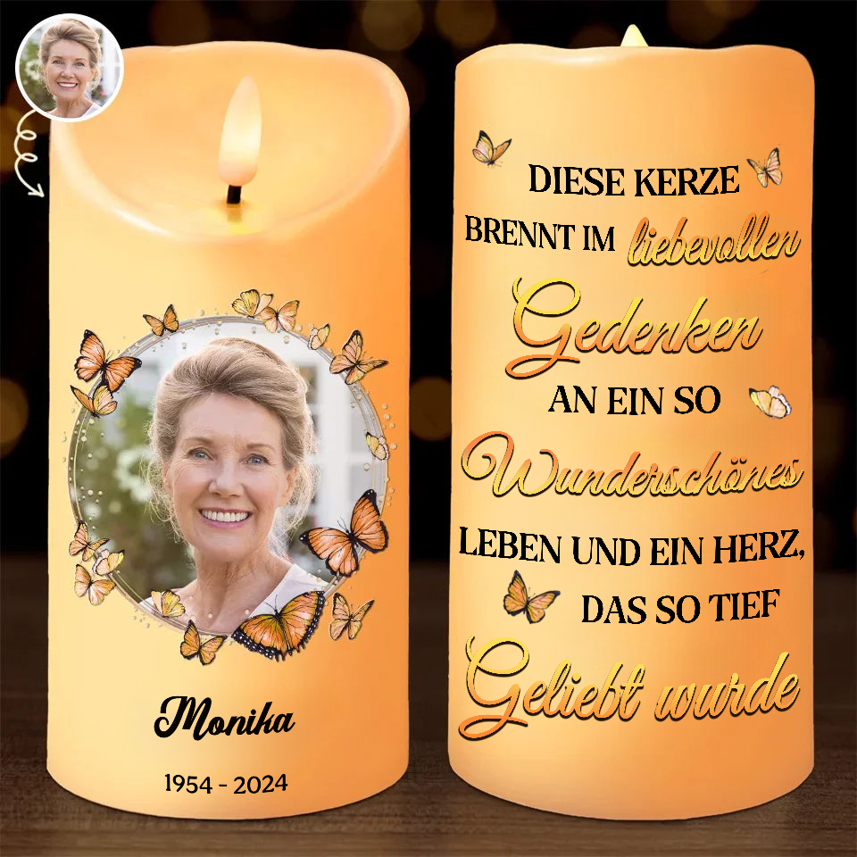 Personalisierte Trauerkerze mit Schmetterlingen LED-Kerze mit Foto