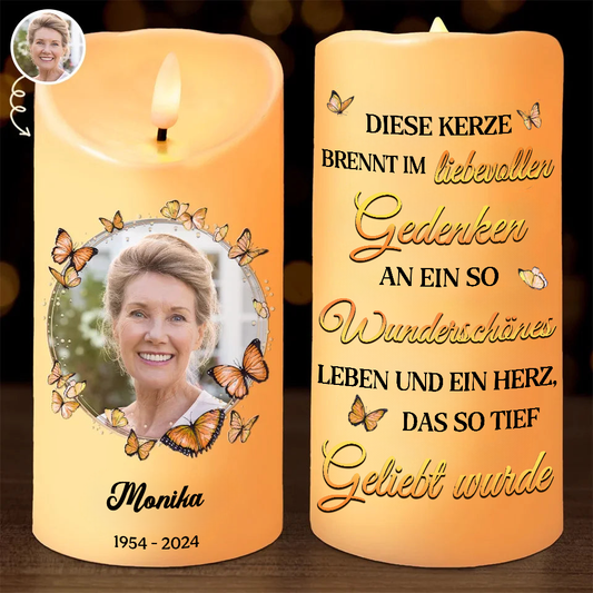 Personalisierte Trauerkerze mit Schmetterlingen LED-Kerze mit Foto
