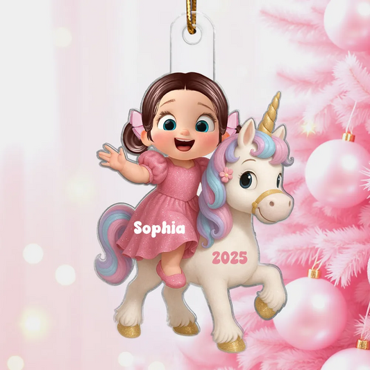 Cartoon-Kind mit Einhorn – personalisiertes flaches Acryl-Weihnachtsornament