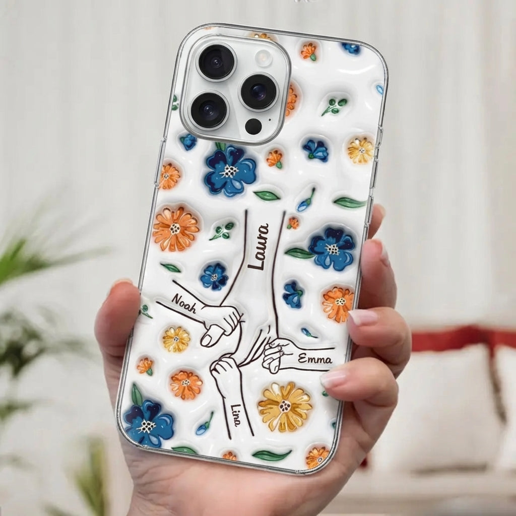 Hand-in-Hand Silikonhandyhülle für iPhone und Samsung mit Namen und Blumen Geschenk für Mama und Oma