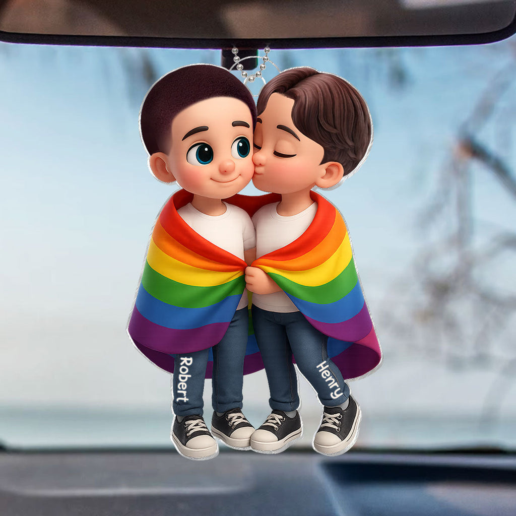 Paar mit Regenbogendecke-Personalisierter Autoanhänger aus Acryl Geschenk für LGB-Paare