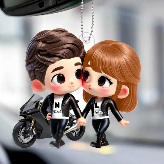Cartoon-Paar mit Motorrad Autoanhänger aus Acryl Geschenk für Paar