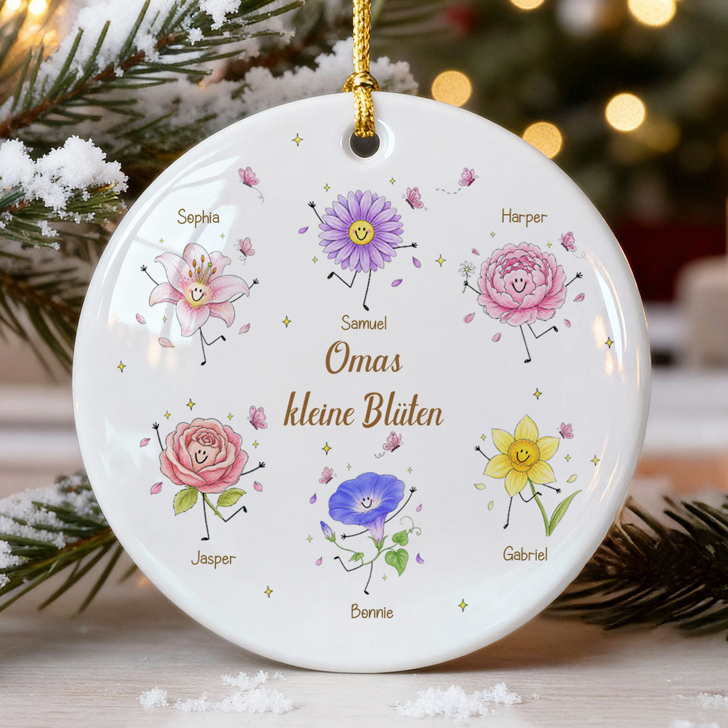 Personalisierter Keramik-Weihnachtsanhänger mit Geburtsblumen & Namen