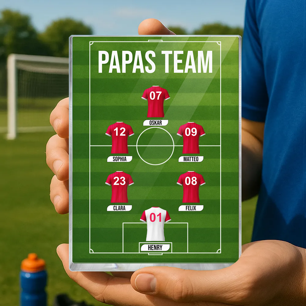 Papas Fußball Team-Acrylblock mit Trikots und Text Geschenk für Papa und Fußballfans