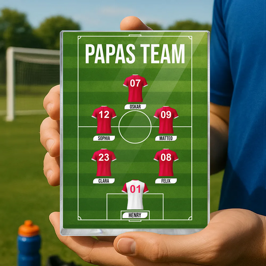 Papas Fußball Team-Acrylblock mit Trikots und Text Geschenk für Papa und Fußballfans